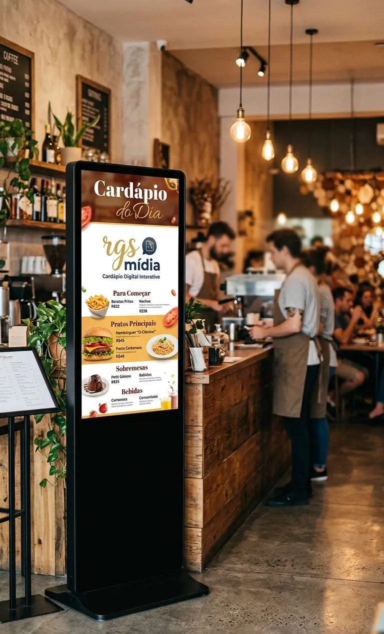 Totem touch RGS Mídia com cardápio em restaurante